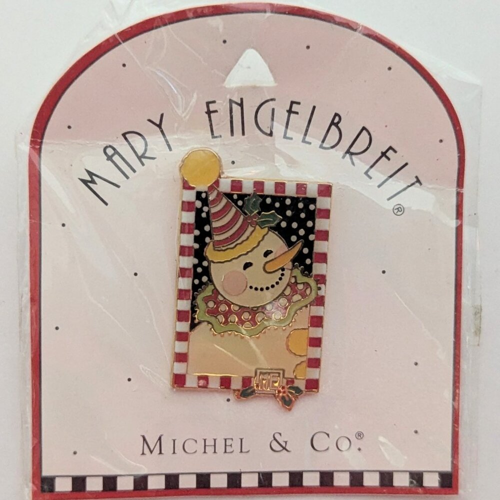 Mary Englebreit for Michael & Co 1990's Snowman pin in factory sealed Package
